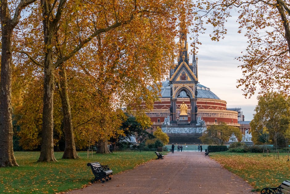 The image depicts a park scene with a wide, paved pathway leading towards a historic building featuring a rounded dome and ornate architectural details, including decorative spires and statues. Mature trees with thick trunks and branches frame the foreground on both sides, with leaves in shades of orange, yellow, and brown indicating an autumn setting. Fallen leaves are scattered across the grass and along the edges of the path. Several benches made of dark metal and wood are placed along the pathway, with some showing signs of weathering, and a few people are seen walking toward or past the building in the distance. The background features a partly cloudy sky with soft light illuminating the scene, creating subtle shadows and highlights that enhance the textures of the trees, leaves, and building. This setting illustrates a peaceful public space that could be suitable for outdoor gatherings or aesthetic appreciation, aligning with independent waste collection activities typical of rubbish removal services by Waste Removal Haringey, in a context where maintaining cleanliness of such spaces is important.